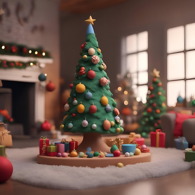 Árbol de Navidad y regalos en la sala de estar renderizado 3d.