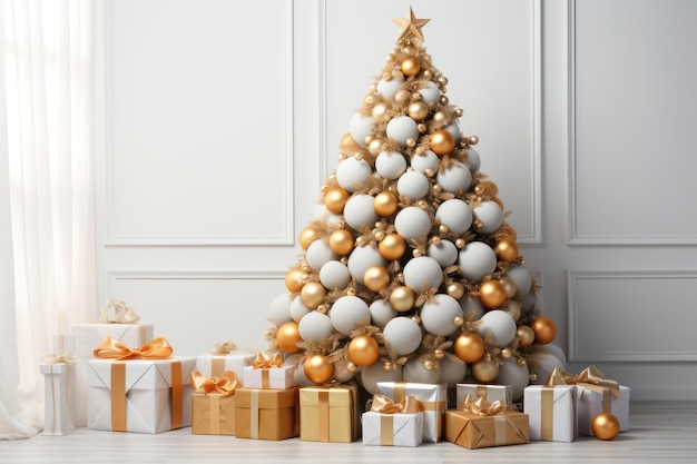 Árbol de Navidad con regalos sobre fondo blanco generado por IA