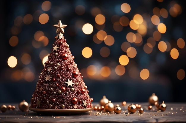 Árbol de Navidad rojo creativo con bolas de oro y brillo en luces brillantes borrosas de fondo estandarte de maqueta festiva con decoración de bolas y espacio de copia