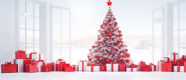 Árbol de Navidad rojo con muchas cajas de regalo rojas en una habitación blanca.