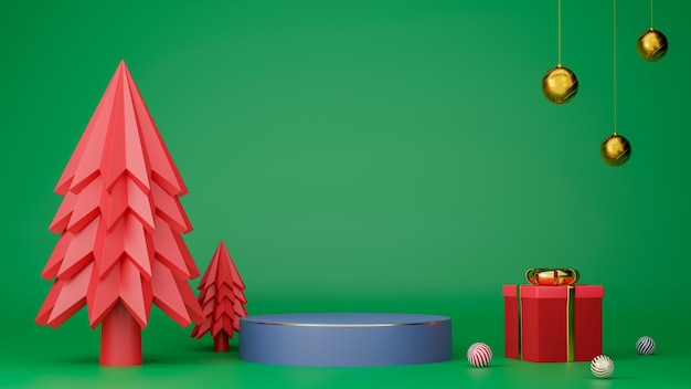 Árbol de Navidad rojo con podio circular azul con borde dorado, bola circular, caja de regalo y fondo de color verde. Feliz navidad y próspero año nuevo concepto. Ilustración de renderizado 3D.