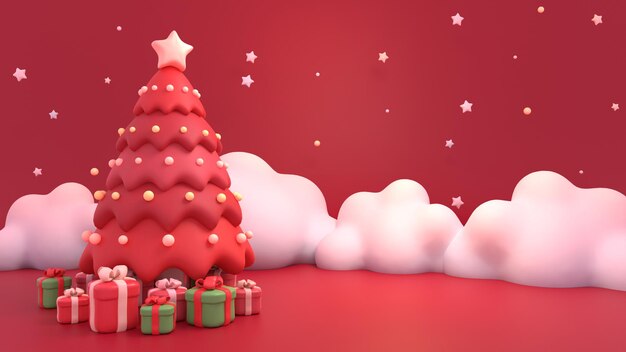 Árbol de Navidad rojo renderizado en 3D y regalos con espacio vacío