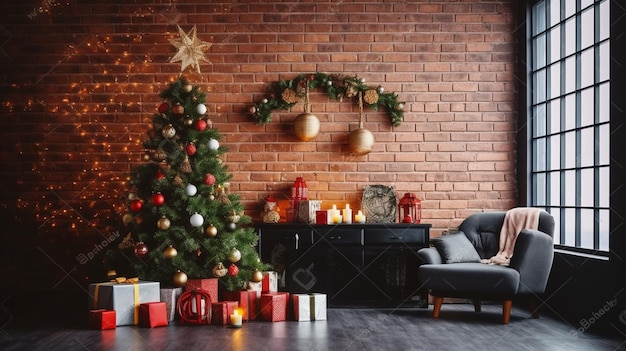 Árbol de Navidad en una sala de estar con una pared de ladrillos rojos y un árbol de Navidad en la esquina.