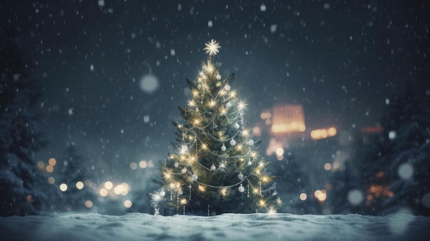 Árbol de Navidad vacaciones luz del árbol en el fondo de la noche de invierno AI generativo