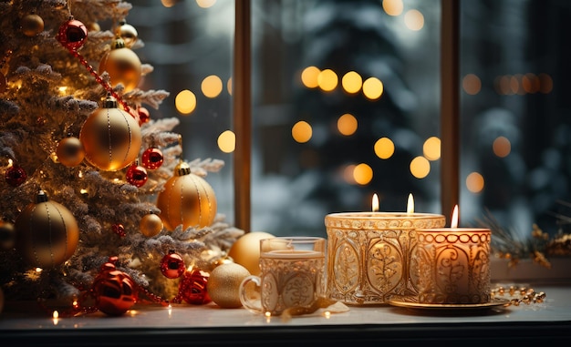 Árbol de Navidad y velas en el alféizar de la ventana