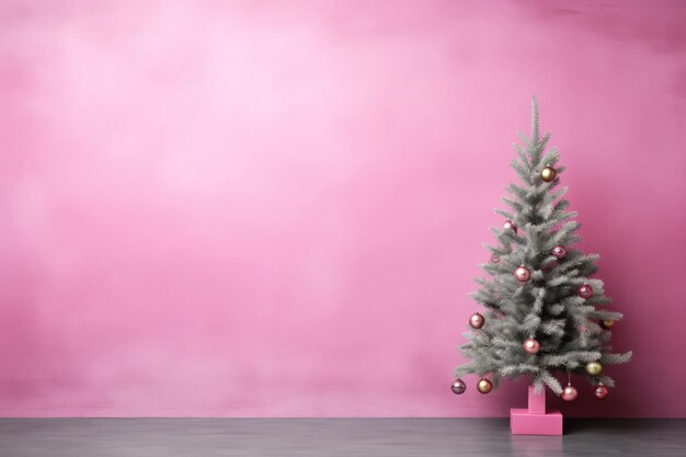 Árbol de Navidad verde decorado en el interior de la sala de estar con pared rosa