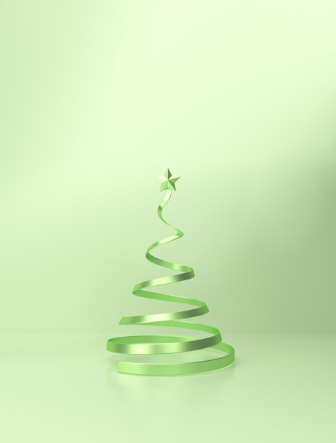 Árbol de Navidad verde con una gran estrella en la parte superior sobre fondo verde de estudio. tarjeta de navidad. Cartel de Navidad, tarjeta. Representación 3D