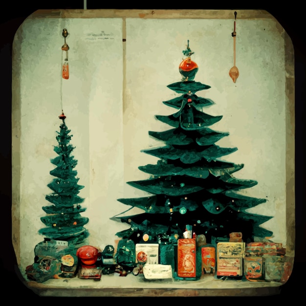 Árbol de navidad vintage con ilustración de navidad de regalos