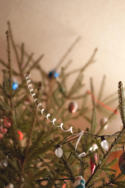 Árbol de Navidad en vivo con guirnalda decorativa y otras decoraciones.