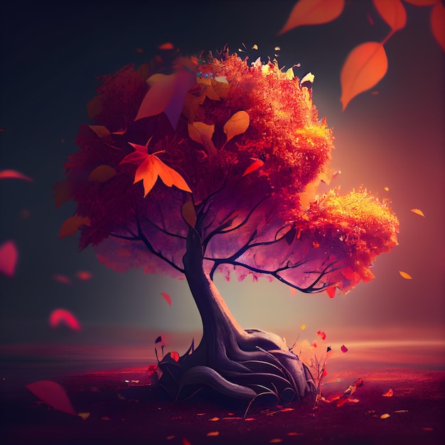 Árbol de otoño con hojas caídas ilustración 3d Fondo de otoño