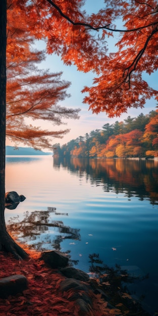 Árbol De Otoño Junto Al Agua Una Fotografía Japonesa Cautivante