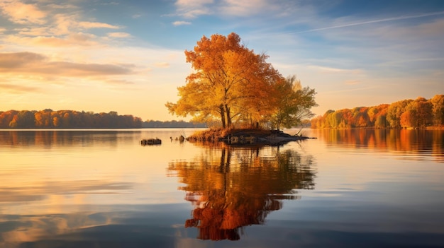 Árbol de otoño vibrante en el lago al atardecer inspirado por Filip Hodas