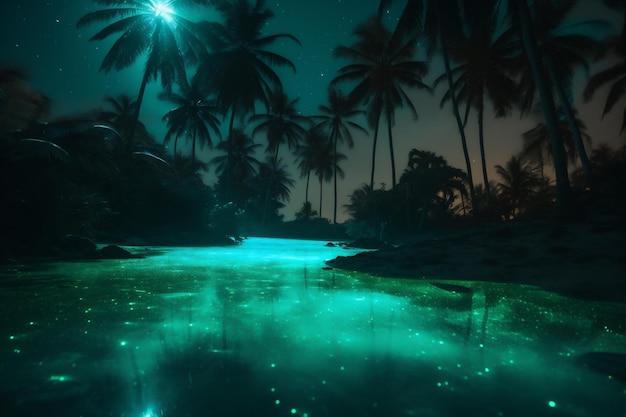 Árbol palma azul paraíso noche tropical cielo océano vacaciones luminoso playa IA generativa