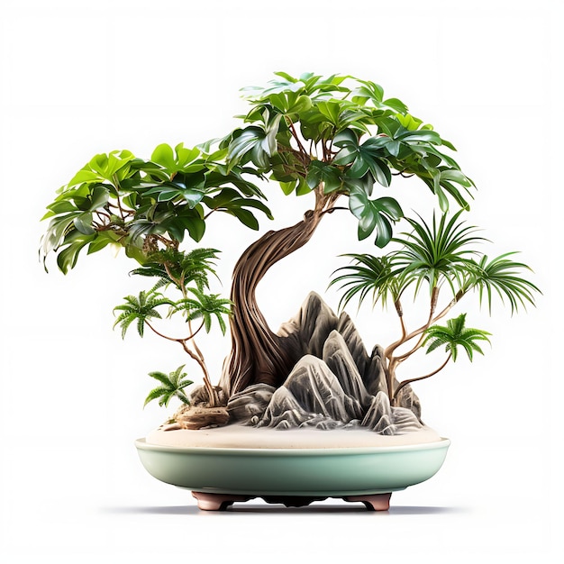 Árbol de palmera bonsai aislado olla de cerámica en forma de abanico hojas pico tropical en blanco BG Japón Arte chino