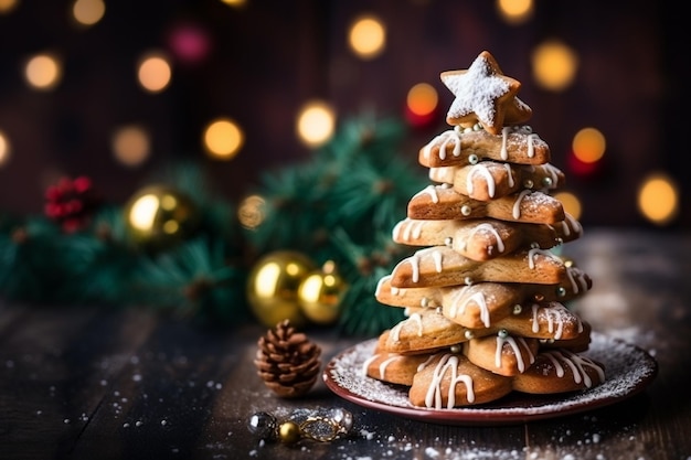 Árbol de pan de jengibre en una mesa decorada con árbol de Navidad en el fondo