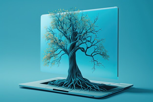 Árbol en la pantalla del portátil fondo azul IA generativa