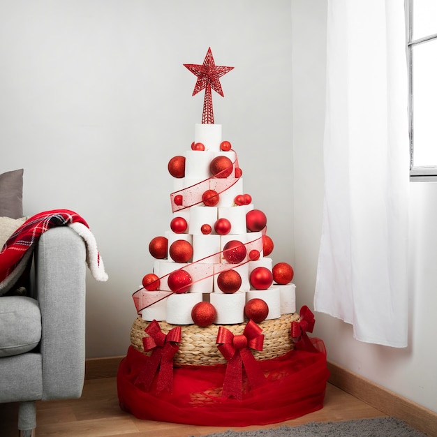 Árbol de papel higiénico de Navidad en el interior