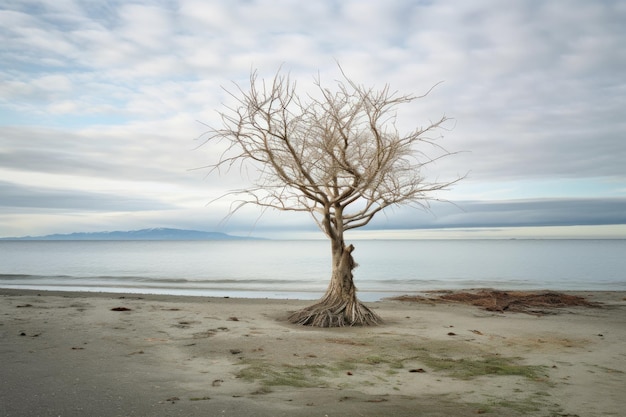 Árbol en una playa arrastrado a la orilla después de las vacaciones