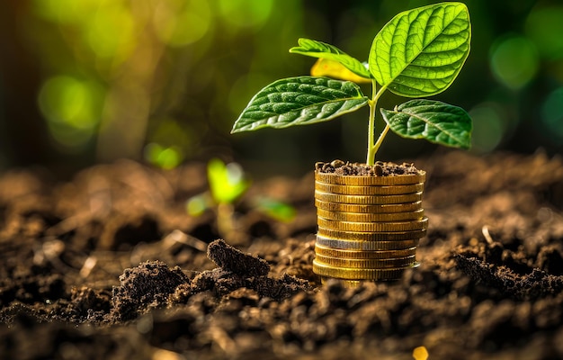 Árbol que crece en una pila de monedas Una pila de moedas que crece desde el suelo con hojas verdes