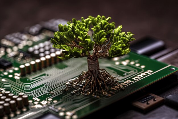 Árbol que crece en la placa de circuito de la computadora Tecnología verde Computación verde