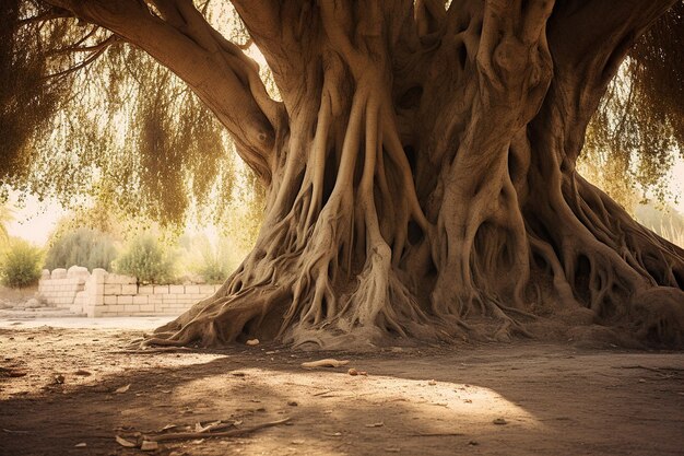 Árbol de roble con una escultura de madera anidada entre sus raíces