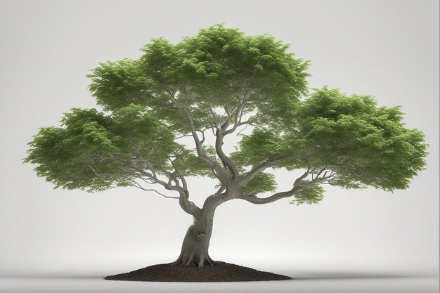 Árbol de roble vintage con hierba verde aislado en fondo blanco gris