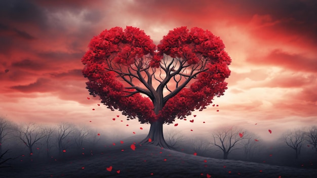 Árbol rojo en forma de corazón.