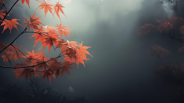 Árbol rojo japonés otoño tiempo lluvioso en fondo gris borroso