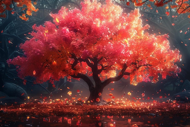 Árbol rojo con muchas hojas