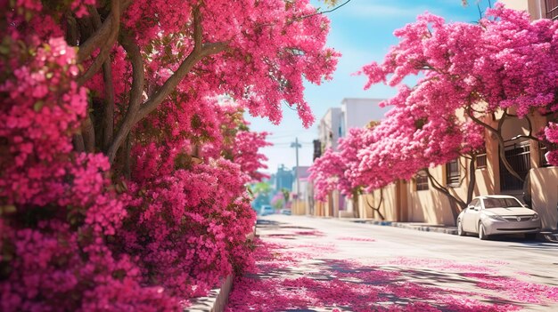 Árbol rosa que florece frente a una casa blanca Generativo ai