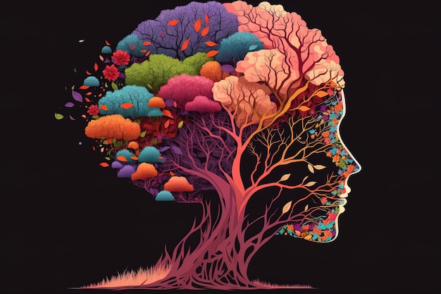 Árbol de rostro humano con flores autocuidado y concepto de salud mental pensamiento positivo