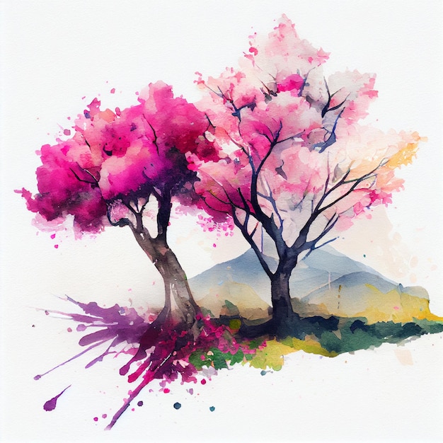 Árbol de sakura de flor de cerezo con ilustración de paisaje de acuarela de flores rosadas