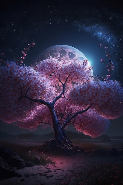 Árbol de sakura floreciente en la noche con luna llena