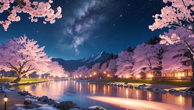 Árbol de sakura y vía láctea hermoso paisaje de fantasía en japón