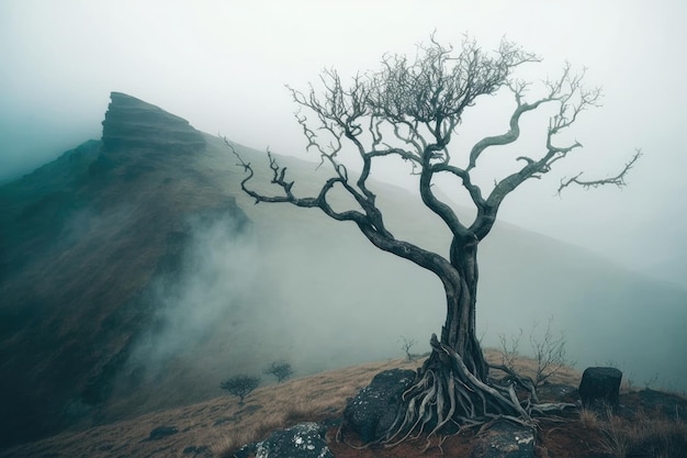 Árbol seco en una montaña verde cubierta de niebla Ilustración AI generativa