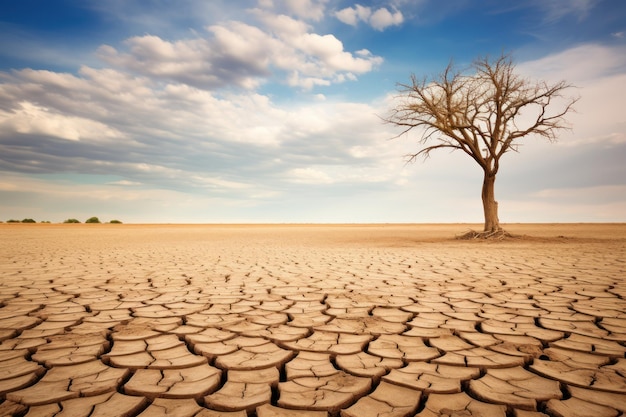 Árbol seco entre el suelo seco del desierto bajo un cielo nublado.