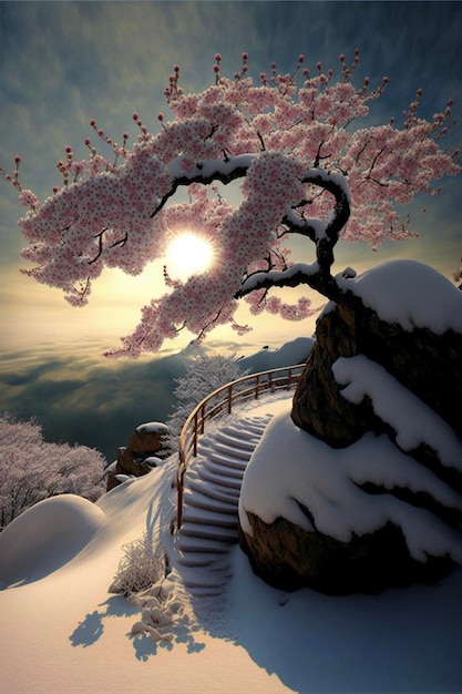 Árbol sentado en la cima de una ladera cubierta de nieve generativa ai