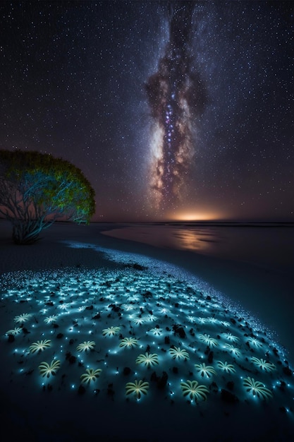Árbol sentado en la cima de una playa de arena bajo un cielo nocturno ai generativo