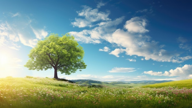 Árbol solitario en un campo en flor bajo un cielo soleado