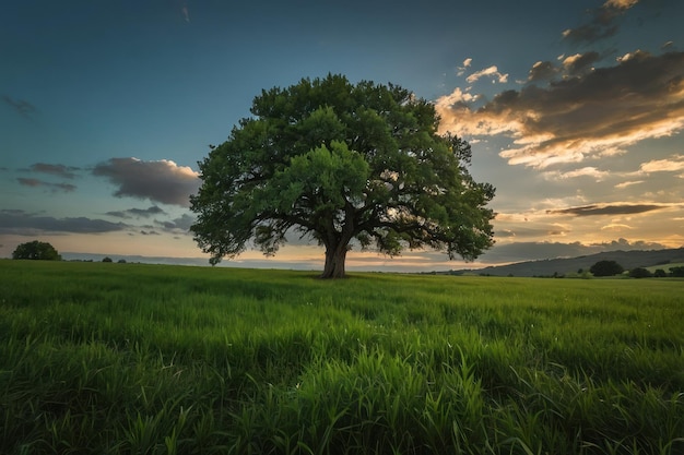 Árbol solitario en un campo verde bajo un cielo vasto