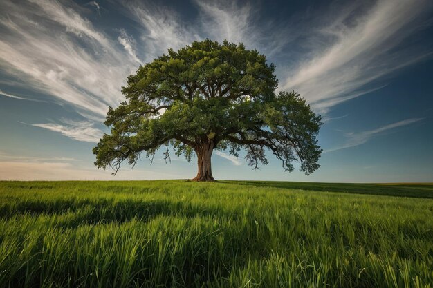 Árbol solitario en un campo verde bajo un cielo vasto