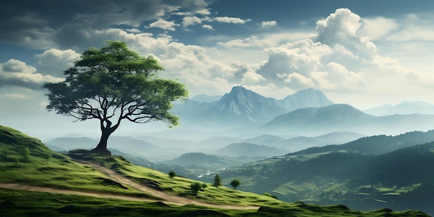 Árbol solitario en la cima de la montaña Fondo de la naturaleza