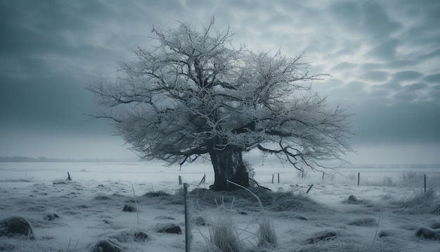 Árbol solitario se encuentra en medio de un paisaje nevado de invierno generado por IA