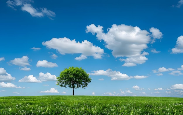 Árbol solitario en el prado verde y el cielo azul con nubes