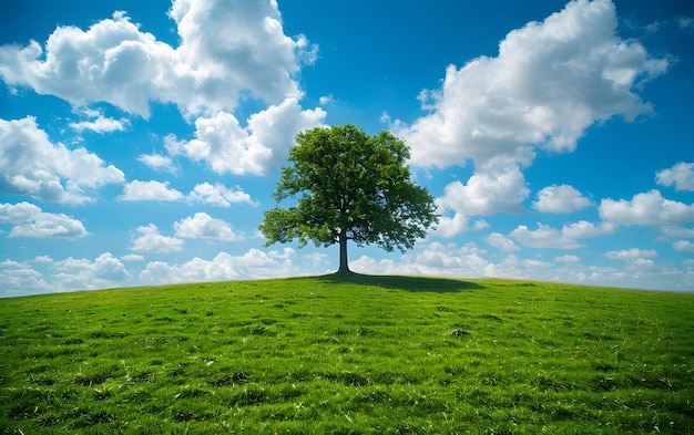 Árbol solitario en el prado verde y el cielo azul con nubes