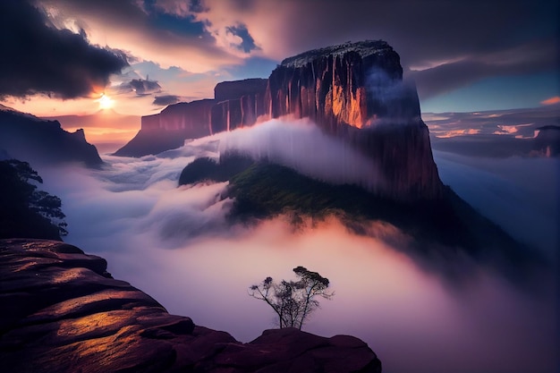 Árbol solitario sentado al borde de un acantilado generativo ai