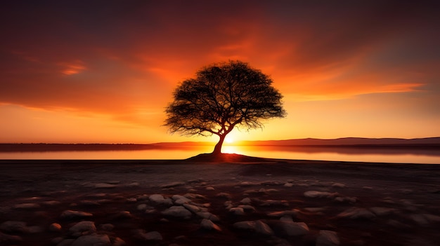 Árbol solitario en la sombra del atardecer