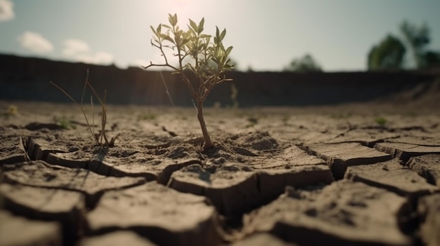 Árbol en suelo agrietado debido a la sequía y el calentamiento global Escasez de agua y entorno de crisis