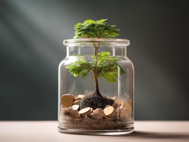 Árbol en tarro de cristal con monedas