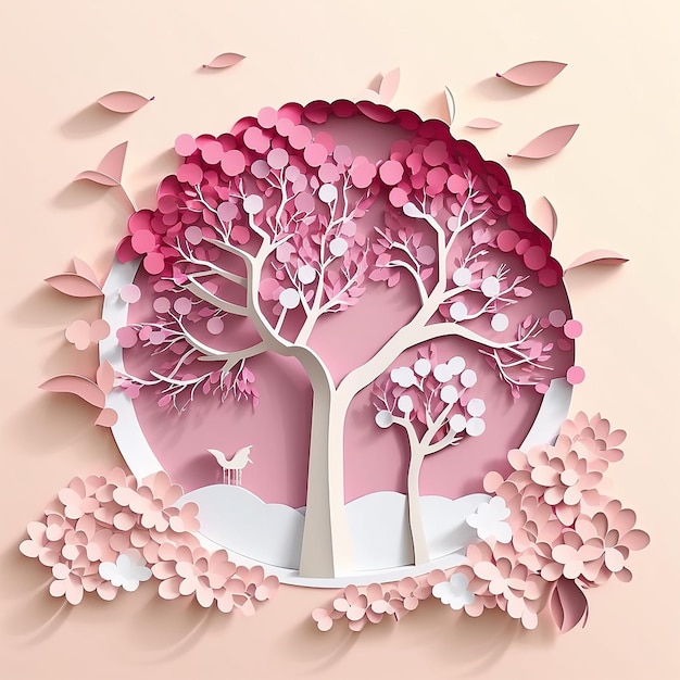 Árbol de temporada de primavera con fondo de flor rosa en estilo de corte de papel IA generativa